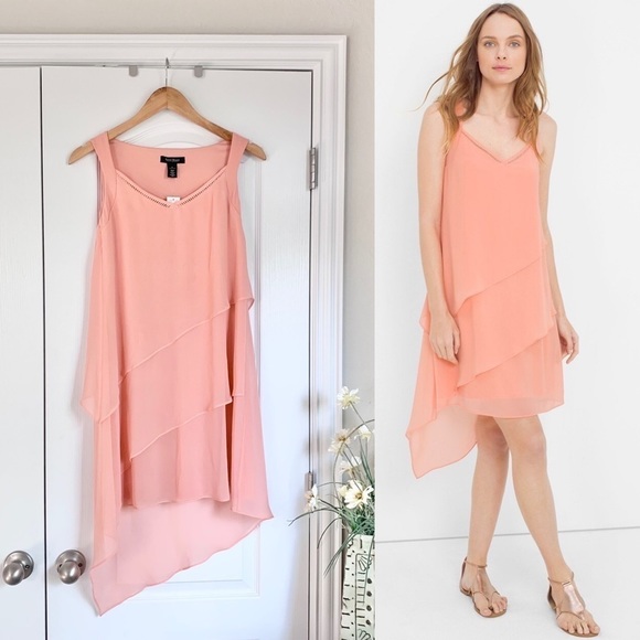 White House Black Market Asymmetric Tiered Dress in Bloom Pink / Peach